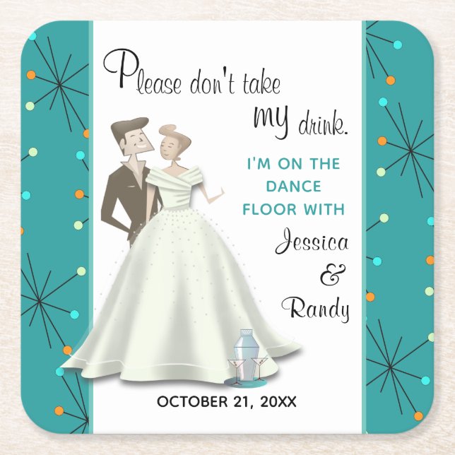 Retro Bride & Groom Rettete meinen Drink Paper Unt Rechteckiger Pappuntersetzer (Vorderseite)