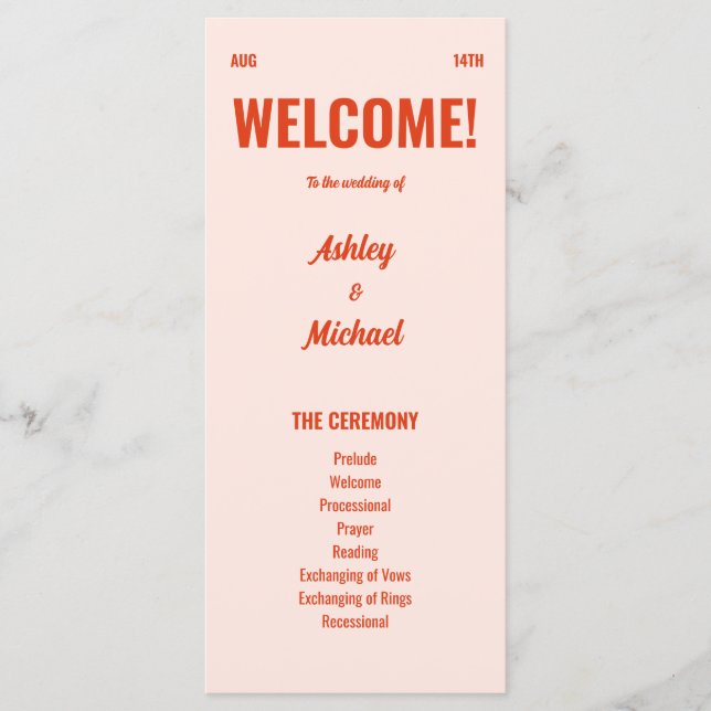 Retro Bright & Colorful Peach Hochzeit Programm (Vorderseite)