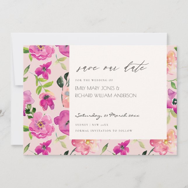 Retro Bright Pink Aquarellblume Save the Date Einladung (Vorderseite)