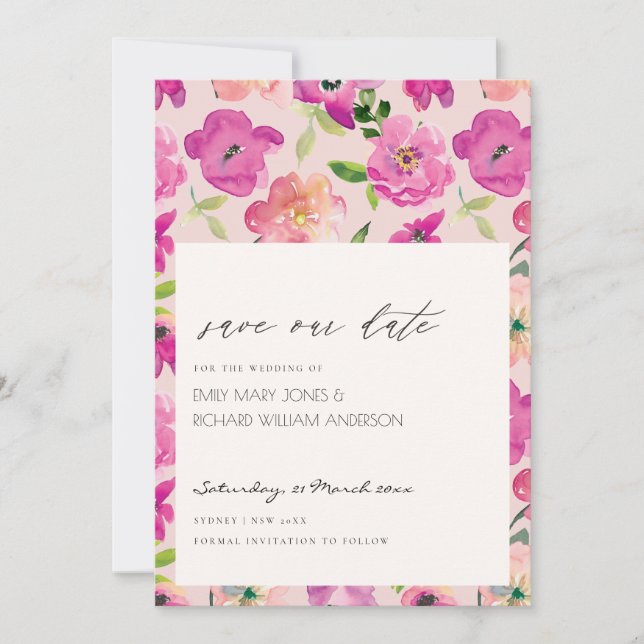 Retro Bright Pink Aquarellblume Save the Date Einladung (Vorderseite)