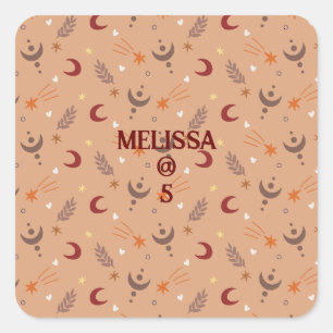 Retro Brown Boho Whimsical Personalisiert Geburtst Quadratischer Aufkleber