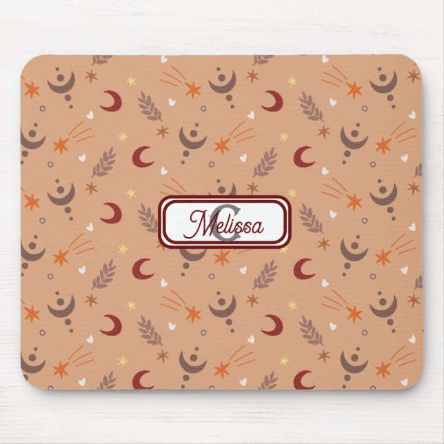 Retro Brown Boho Whimsisches Monogramm Personalisi Mousepad (Vorne)