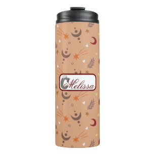 Retro Brown Boho Whimsisches Muster Personalisiert Thermosbecher