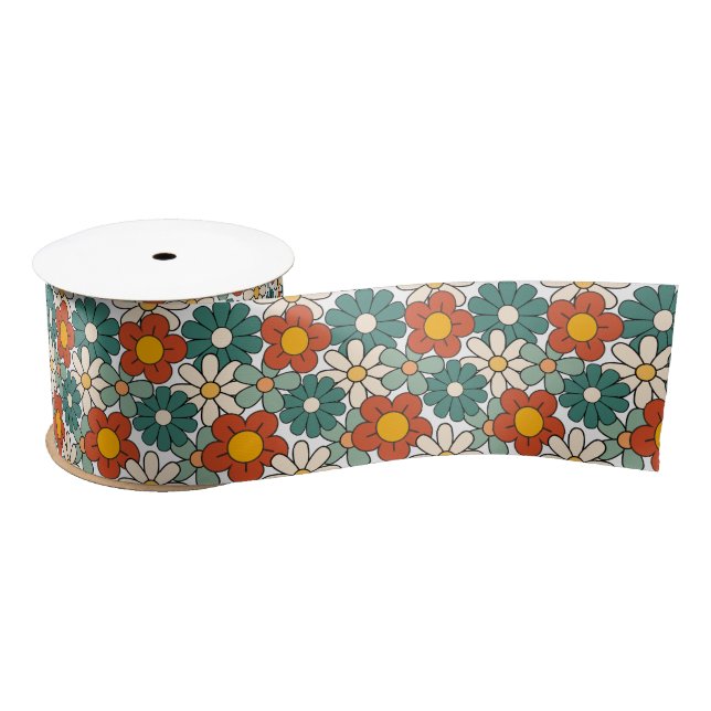 Retro Brown Green Hippie Floral Groovy Satinband (Spule)