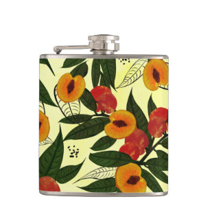 Retro Brown Orange Red Green Cherry Frucht & Blume Flachmann