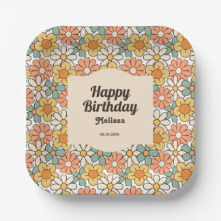 Retro Brown Peach Floral Groovy Geburtstag Pappteller
