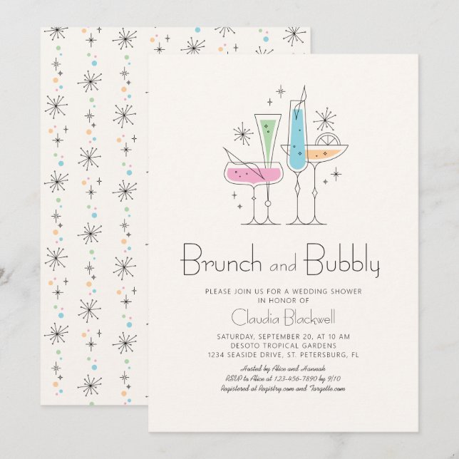 Retro Brunch Bubbly Champagne Brautparty Einladung (Vorne/Hinten)