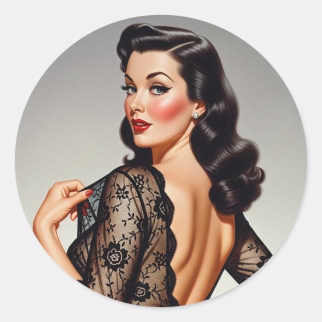 Retro Brunette Pin-up Girl 50's Glamour Style Runder Aufkleber (Vorderseite)