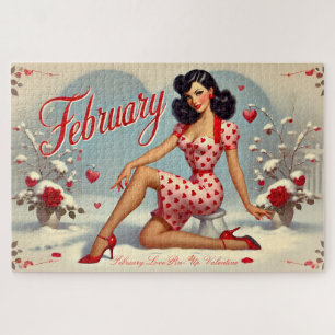 Retro Brünettes Button-Up Girl im Februar Puzzle