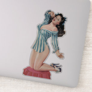 Retro Brünettes Button-up Girl im männlichen Shirt Aufkleber