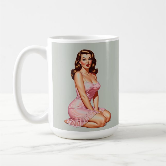 Retro Brünettes Button-up Girl in Pink Kaffeetasse (Links)