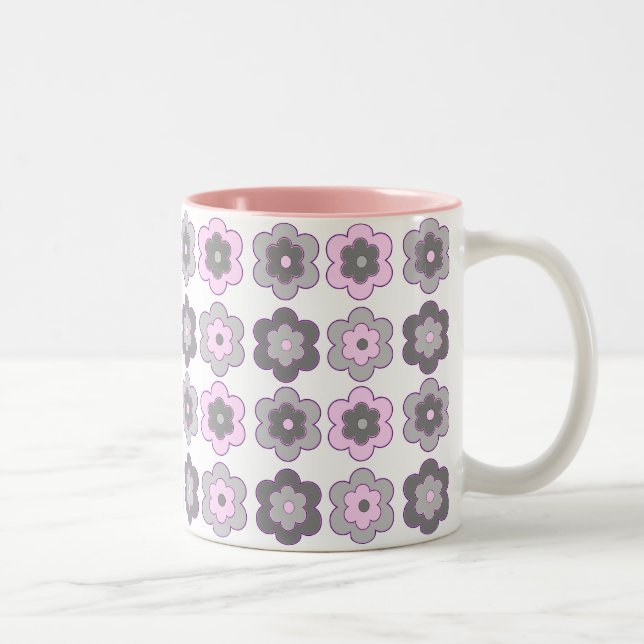 Retro Bubble Flowers (pink and gray)  Pattern Zweifarbige Tasse (Rechts)