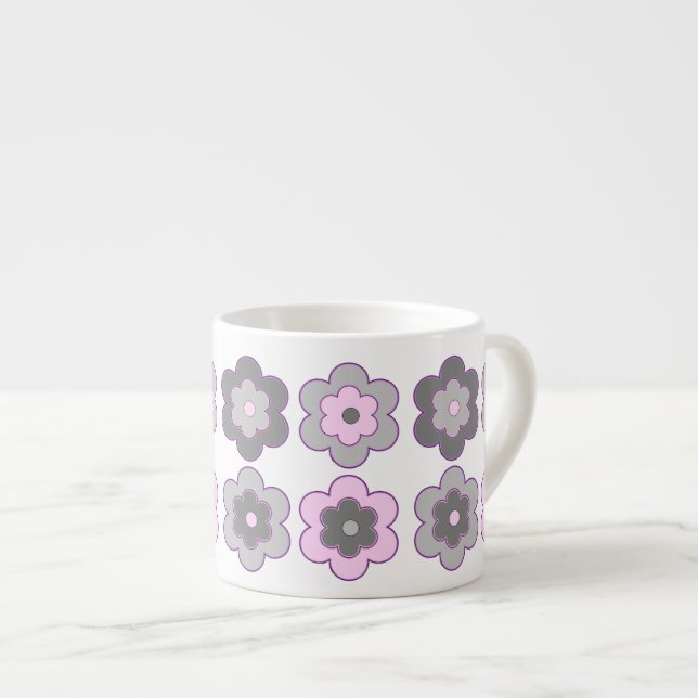 Retro Bubble Flowers (Pink and Grey) Pattern Espressotasse (Vorderseite Rechts)