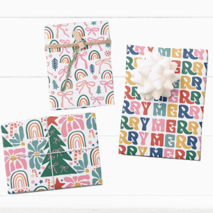 Retro Bubble Letter and Bows Kinder Weihnachten Geschenkpapier Set