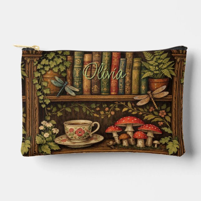 Retro Bücherregal Libellen Blumenmuster  Zubehörtasche (Vorderseite)