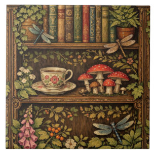 Retro Bücherregal Pilze Kaffee floral  Fliese