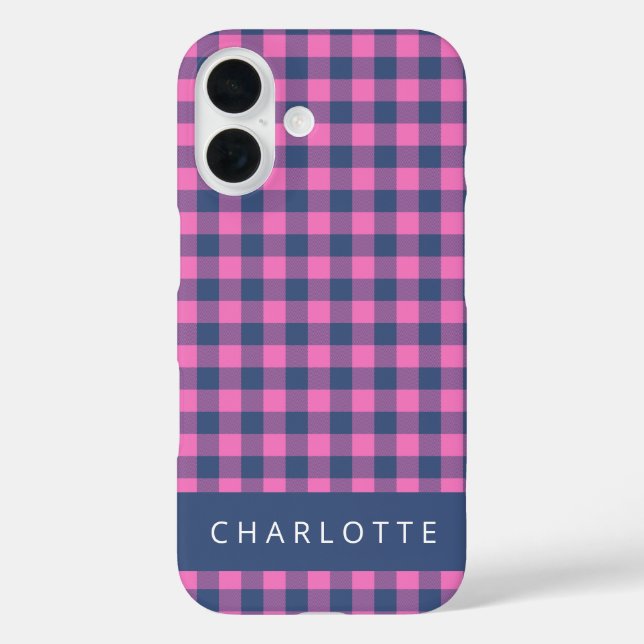 Retro Buffalo Kariert rosa Personalisierter Name Case-Mate iPhone Hülle (Rückseite)