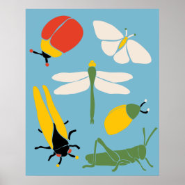 Retro Bugs Insekten Illustrationen Light Blue Poster