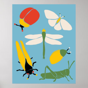 Retro Bugs Insekten Illustrationen Light Blue Poster