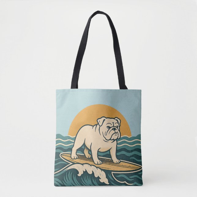 Retro Bulldog Surfer -Blue Coastal Surfing Dog Art (Vorderseite)