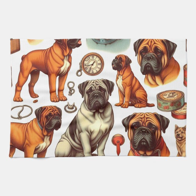 Retro Bullmastiff Nahtlos Geschirrtuch (Horizontal)