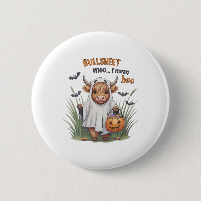Retro Bullsheet Halloween Kuh Ghost Moo I Gemein B Button (Vorderseite)