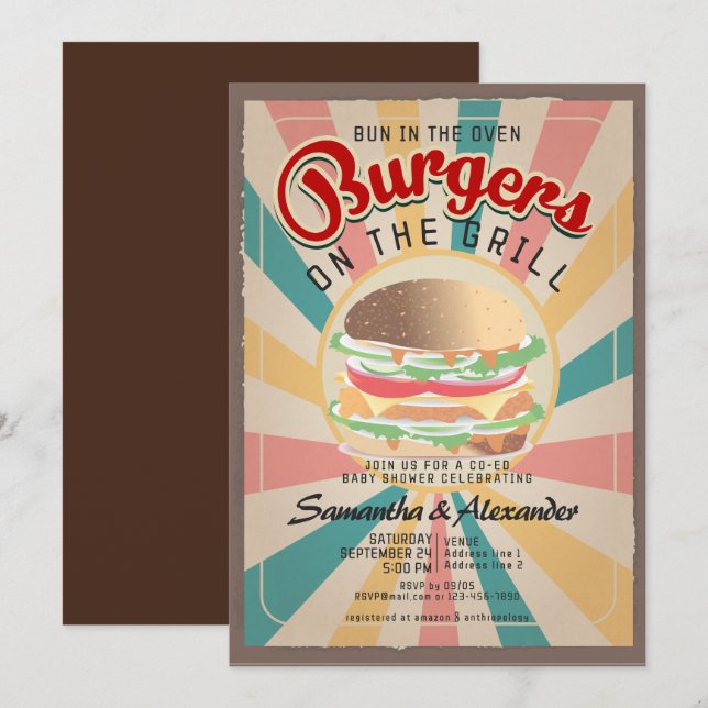 Retro Bun on the Oven Burger GRILLEN CO-ED Kinderd Einladung (Vorne/Hinten)