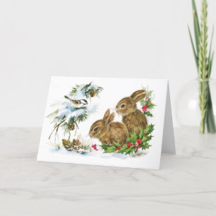 Retro Bunny Rabbit und Vögel Winter Weihnachten
