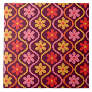Retro-bunte Blumen auf vintage Ogee-Muster  Fliese