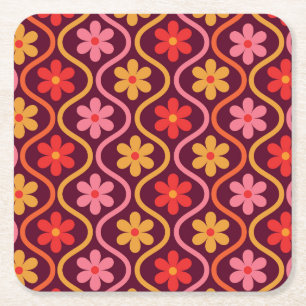 Retro-bunte Blumen auf vintage Ogee-Muster Rechteckiger Pappuntersetzer