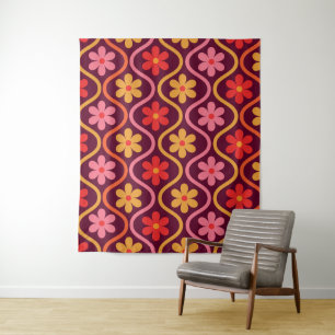 Retro-bunte Blumen auf vintage Ogee-Muster Wandteppich