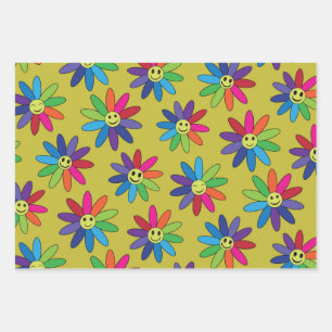 Retro-bunte Blumen mit glücklichen Gesichtern Must Geschenkpapier Set