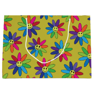 Retro-bunte Blumen mit glücklichen Gesichtern Must Große Geschenktüte