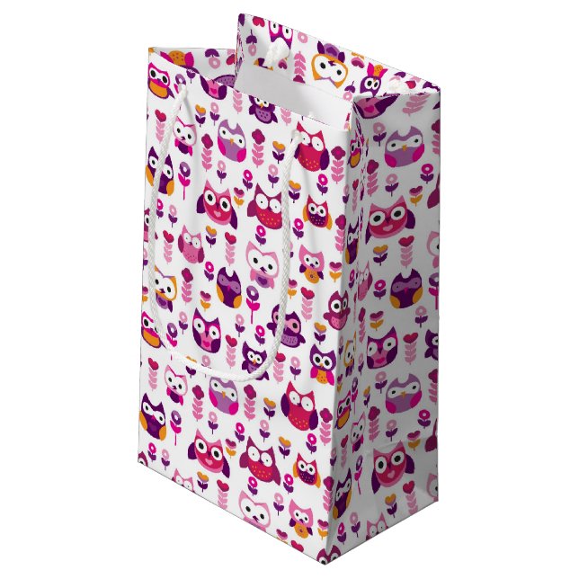 Retro buntes Eulenvogelmuster Kleine Geschenktüte (Rückseite Schrägansicht)