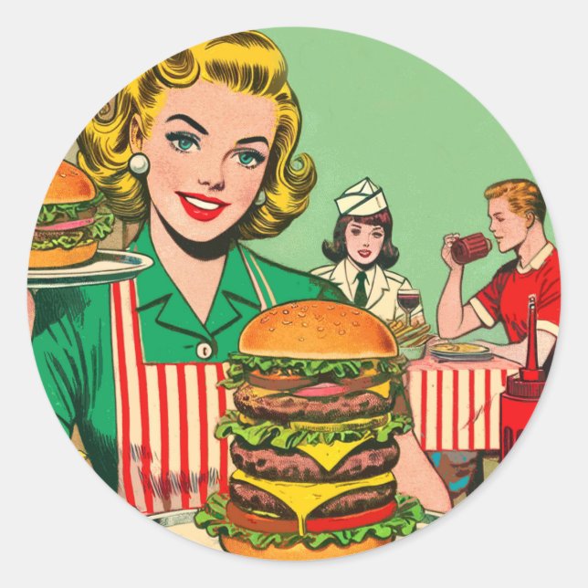Retro Burger-Comicen Runder Aufkleber (Vorderseite)