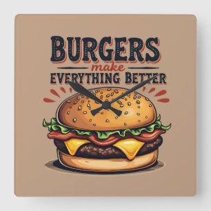 Retro-Burger-Liebhaber Vintage-Typografie Food-Art Quadratische Wanduhr