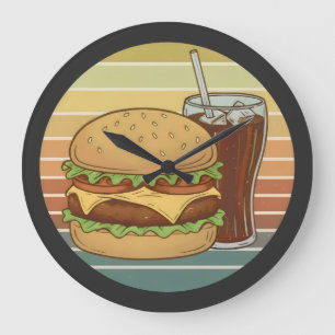 Retro-Burger und Cola. Große Wanduhr