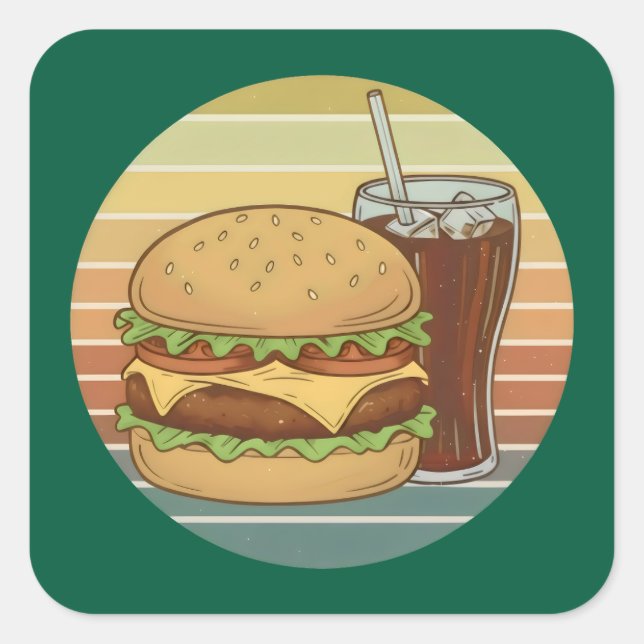 Retro-Burger und Cola. Quadratischer Aufkleber (Vorderseite)