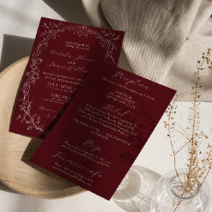 Retro Burgund Floral Old Money All-in-One-Hochzeit Einladung
