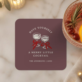Retro Burgund Merry Little Cocktail Weihnachten Rechteckiger Pappuntersetzer