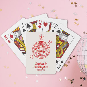 Retro Burgund Red Disco Ball Hochzeit Personalisie Spielkarten
