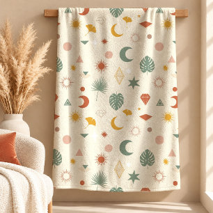 Retro Burgund Weinrot Verstaubtes Grün Boho Formen Fleecedecke