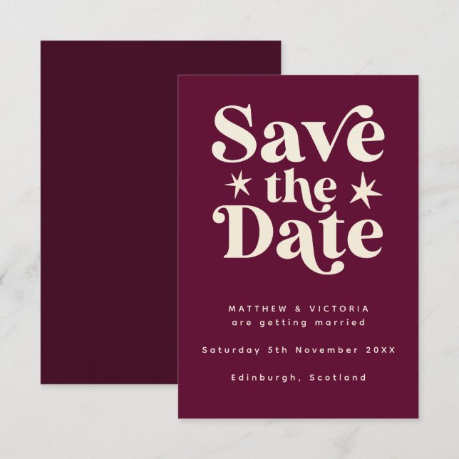 Retro Burgundy Boho Einfache Save the Date-Karte Date (Vorne/Hinten)