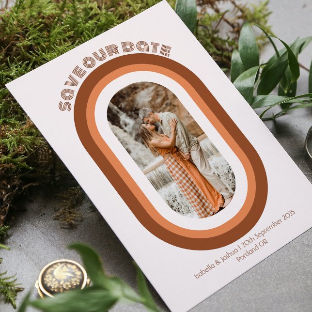 Retro Burnt Orange Arch Foto Rette unser Datum Einladung (Von Creator hochgeladen)