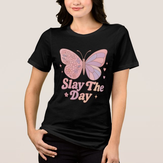 Retro Butterfly “Slay The Day” Art Tri-Blend Shirt (Vorderseite)