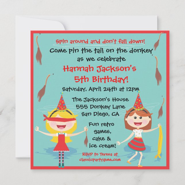 Retro Button des Schwanzes auf der Donkey Geburtst Einladung (Vorderseite)