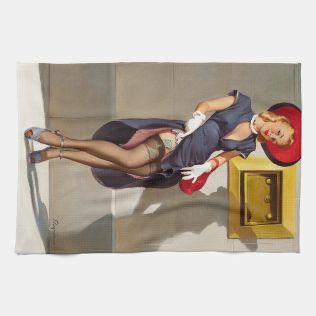 Retro Button-Up Girl Geschirrtuch (Horizontal)