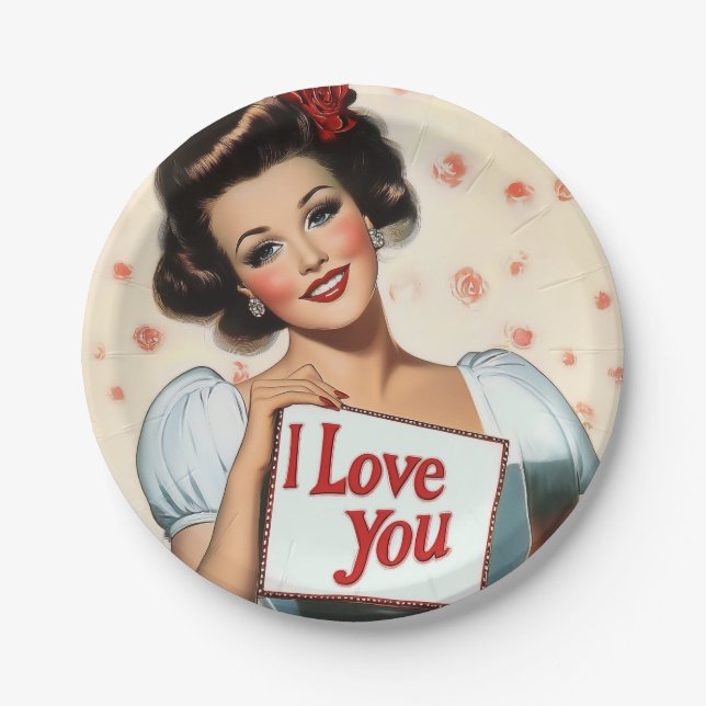Retro-Button-Up-Liebe Pappteller (Vorderseite)