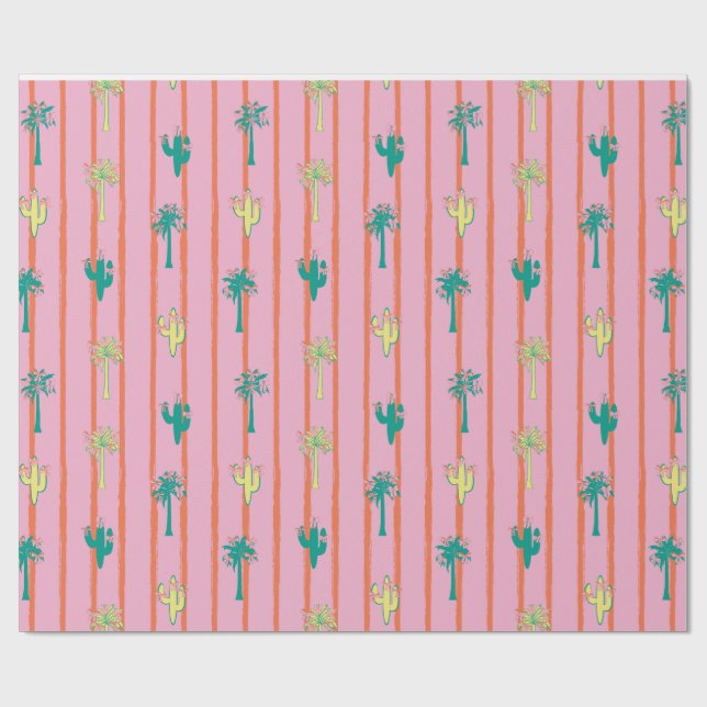 Retro Cactus & Palm Trees Gift Wrap Paper Geschenkpapier (Flach)