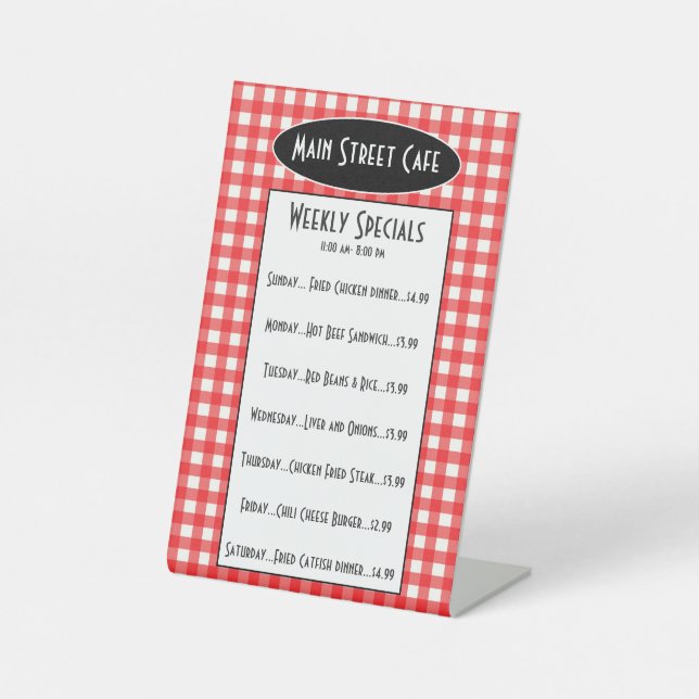 Retro Cafe Red Gingham Weekly Specials Table Menu Sockelschild (Vorderseite)